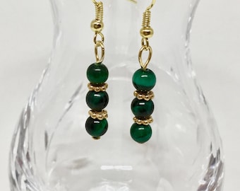 Malachite gold earrings, dark green stone jewelry, gemstone earrings