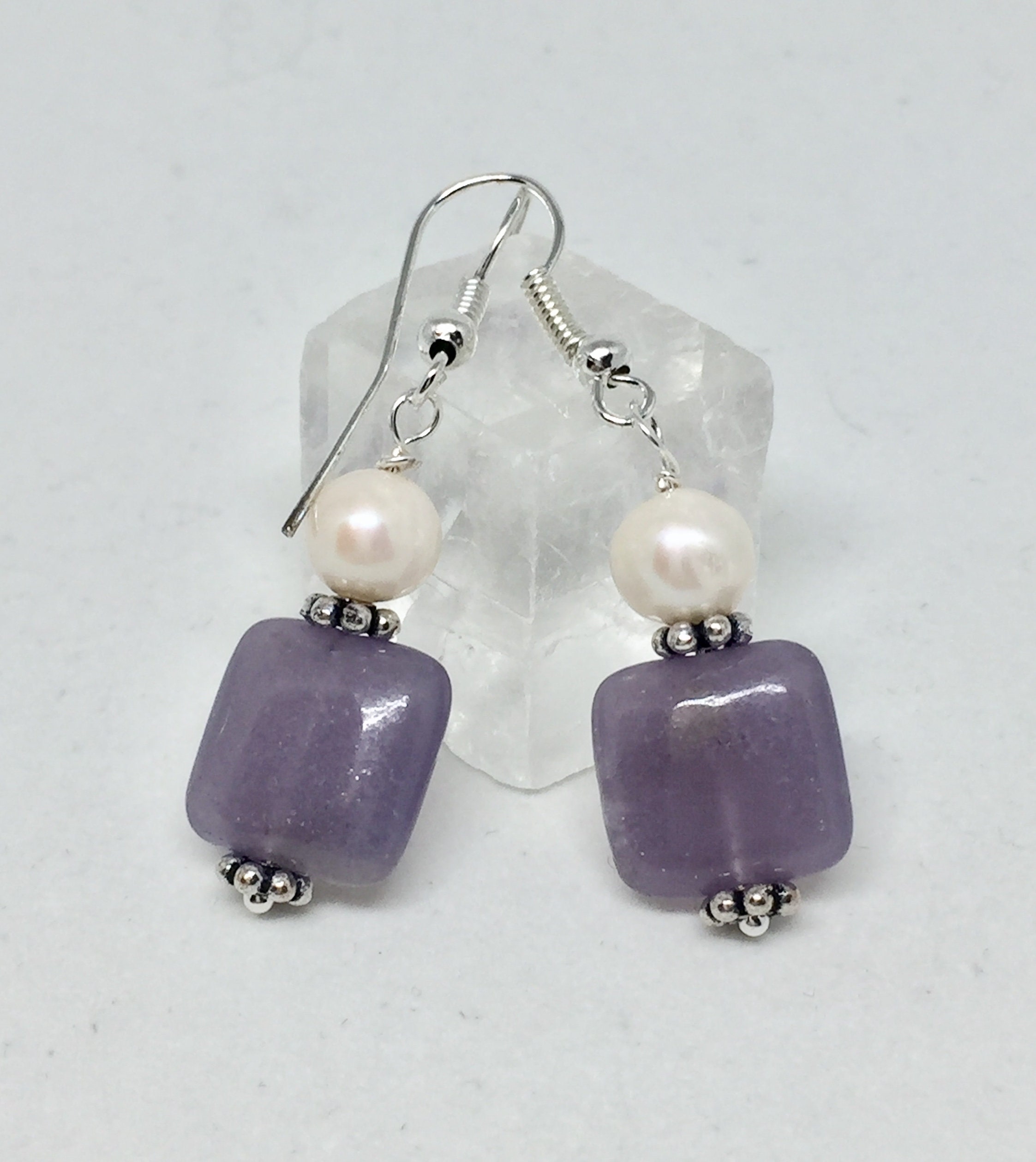 Lilac Lepidolite & Pearl Silver Earrings Purple Stone - Etsy