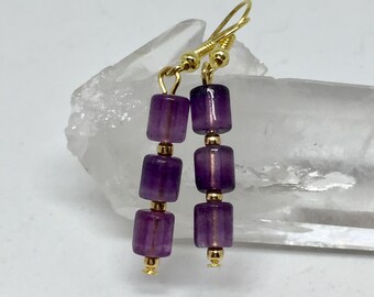 Purple fluorite tube gold earrings, dark purple stone jewelry, gemstone earrings