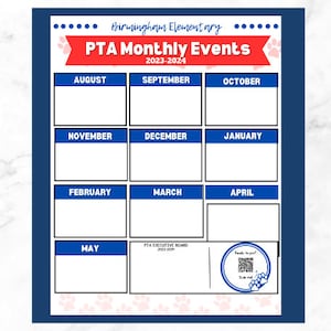 PTA PTO Monthly Events Calendar Template