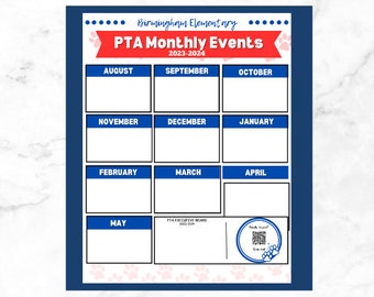 May include: A blue and white calendar with paw prints and the text "Birmingham Elementary PTA Monthly Events 2023-2024". The calendar lists the months of the year from August to May.