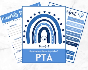 Könnte beinhalten: Eine blaue und weiße druckbare Checkliste für einen Schulleiter der PTA. Die Checkliste enthält monatliche Aufgaben wie die Vorbereitung und Leitung der monatlichen Vorstandssitzungen, die Entwicklung und Pflege von Partnerschaften mit der Gemeinde und den Versand eines monatlichen Newsletters.