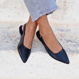 Handcrafted leather mules, women's flats, pointy mules, black slippers, barefoot heel, slip on flats, metallic buckle on the ankle, pvc sole