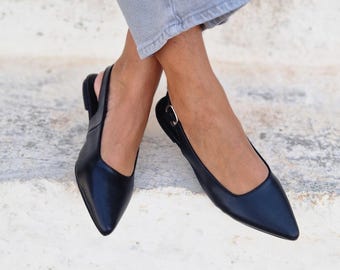 Handcrafted Leather Mules: Black Pointed-Toe Flats with Ankle Buckle