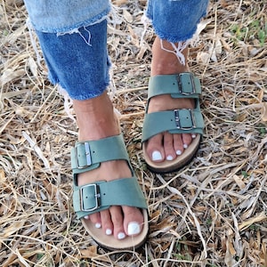 Handmade suede leather two strap sandals, soft footbed,  anatomically shaped, metal buckle, leather sandals for women, walking shoes