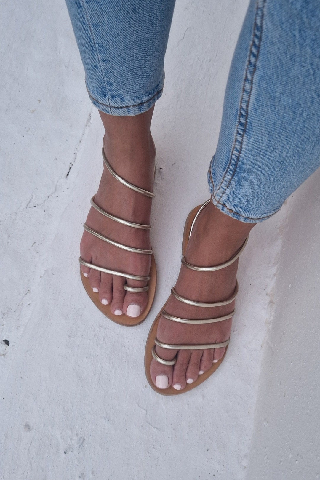 Buy Gold Leather Strappy Sandals: Handmade Greek Summer Shoes