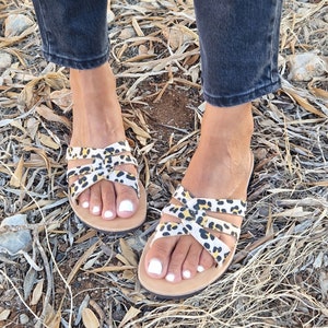 Handmade Leather leopard Sandals, Barefoot Sandals, Strappy Sandals, Summer Shoes, handmade flats, leather slides, Beach shoes, roman flats