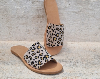 Handmade Leather Slides: Leopard Print Summer Sandals