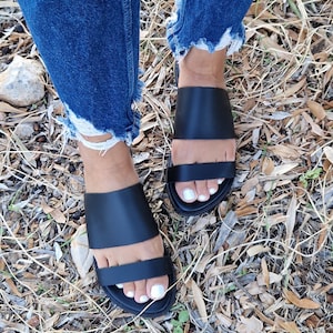 Handmade Leather black slides, Greek sandals, pvc sole, Greek Women Slide Sandals, Women sandals, Leather Sandals, strappy flats, Slip on