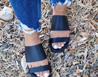 Handmade Black Leather Slides: Greek Strappy Sandals