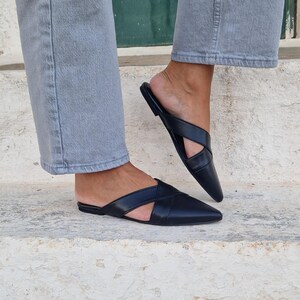 May include: A pair of black leather mules with a criss-cross strap design. The shoes have a pointed toe and a low heel.