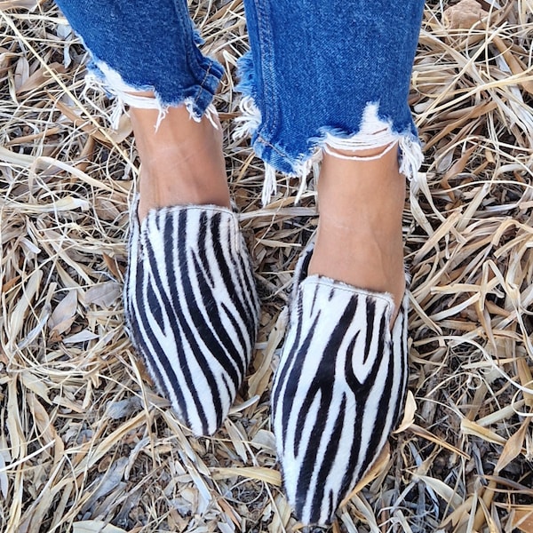 Handmade Leather mules in zebra print, women's mules, leather loafers, zebra slippers pointy mules, pvc sole, slightly cushioned footbed