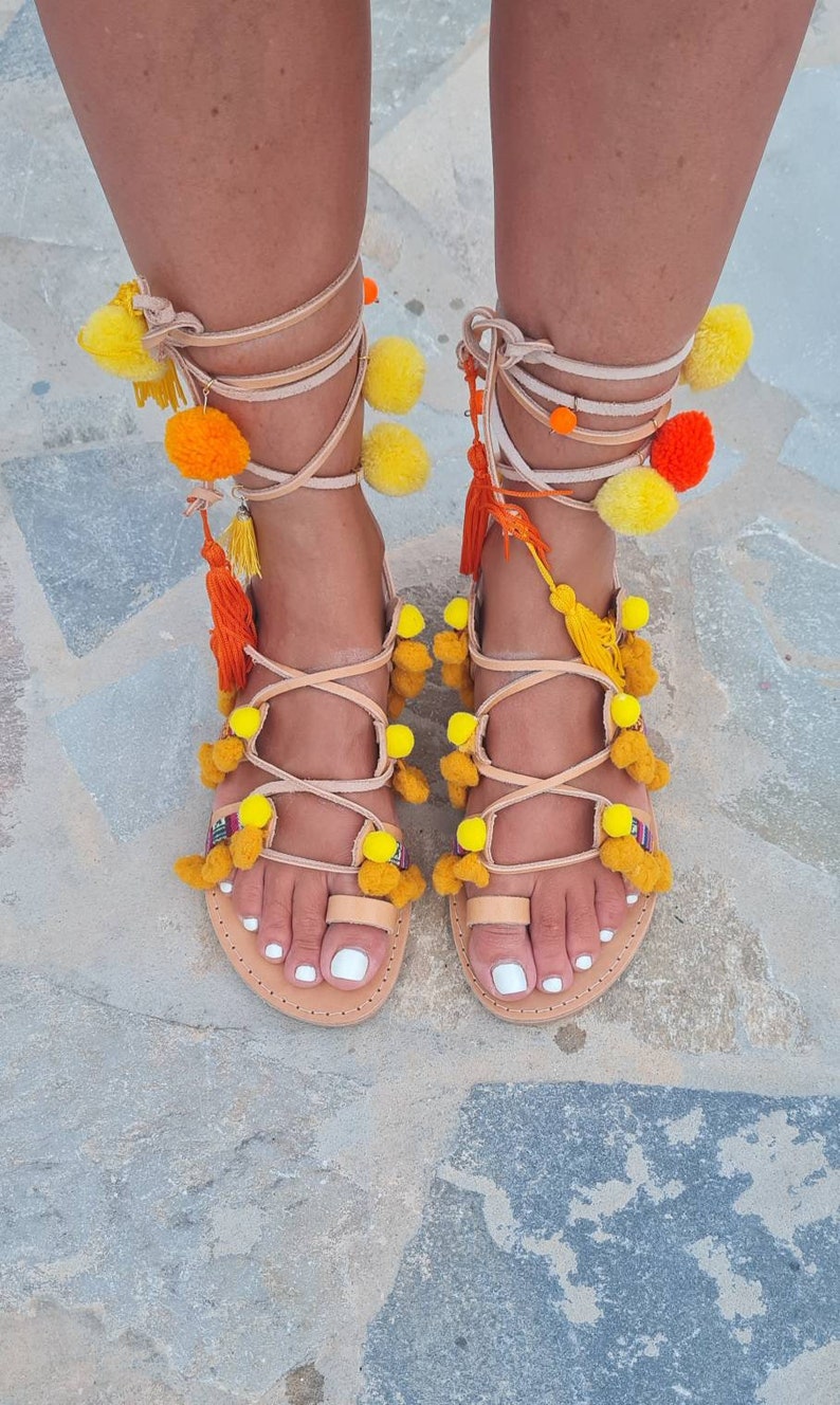 Embroidered Tie Up Pom Pom Sandals