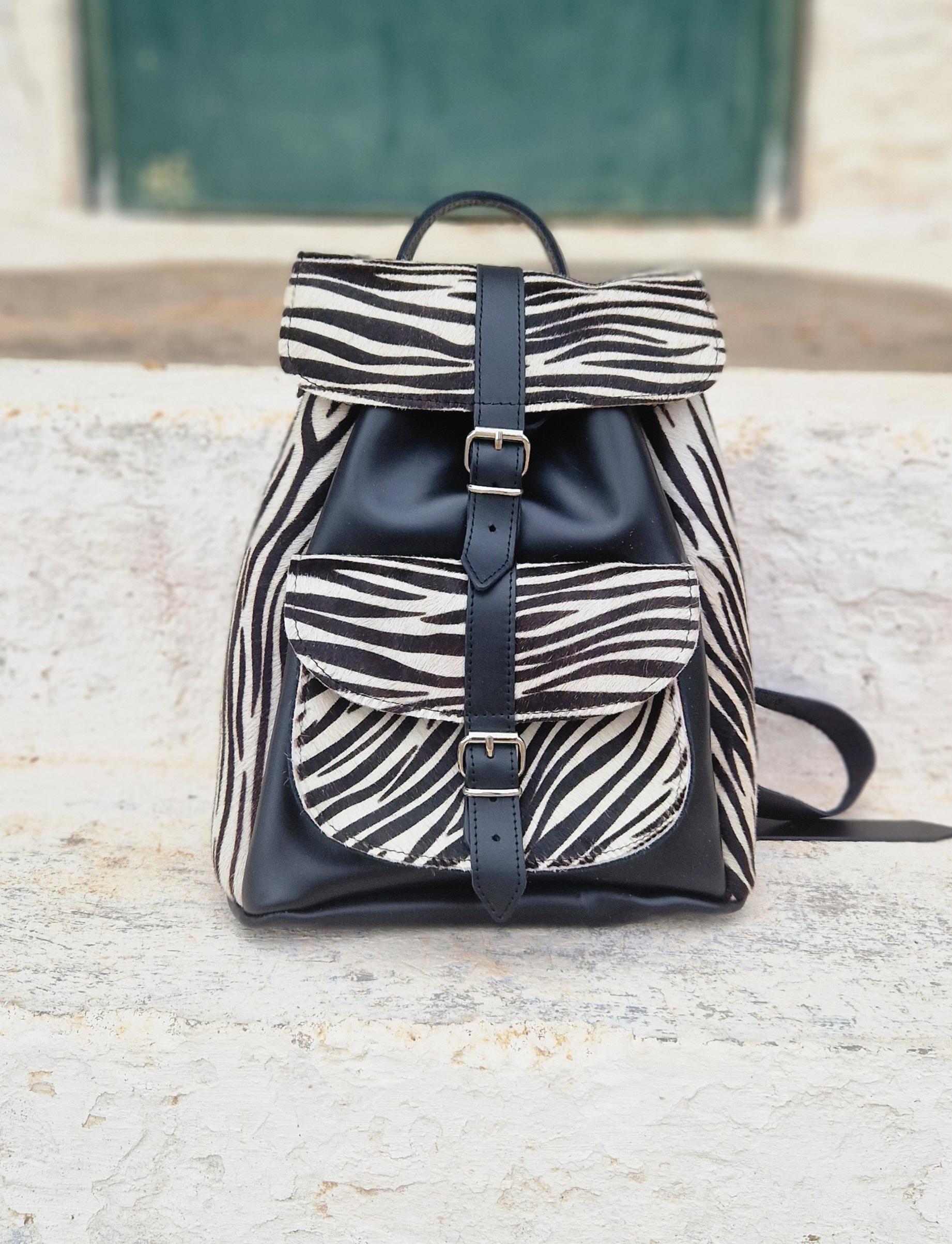 Handmade Leather Backpack: Zebra Print School Bag - Etsy display picture 2