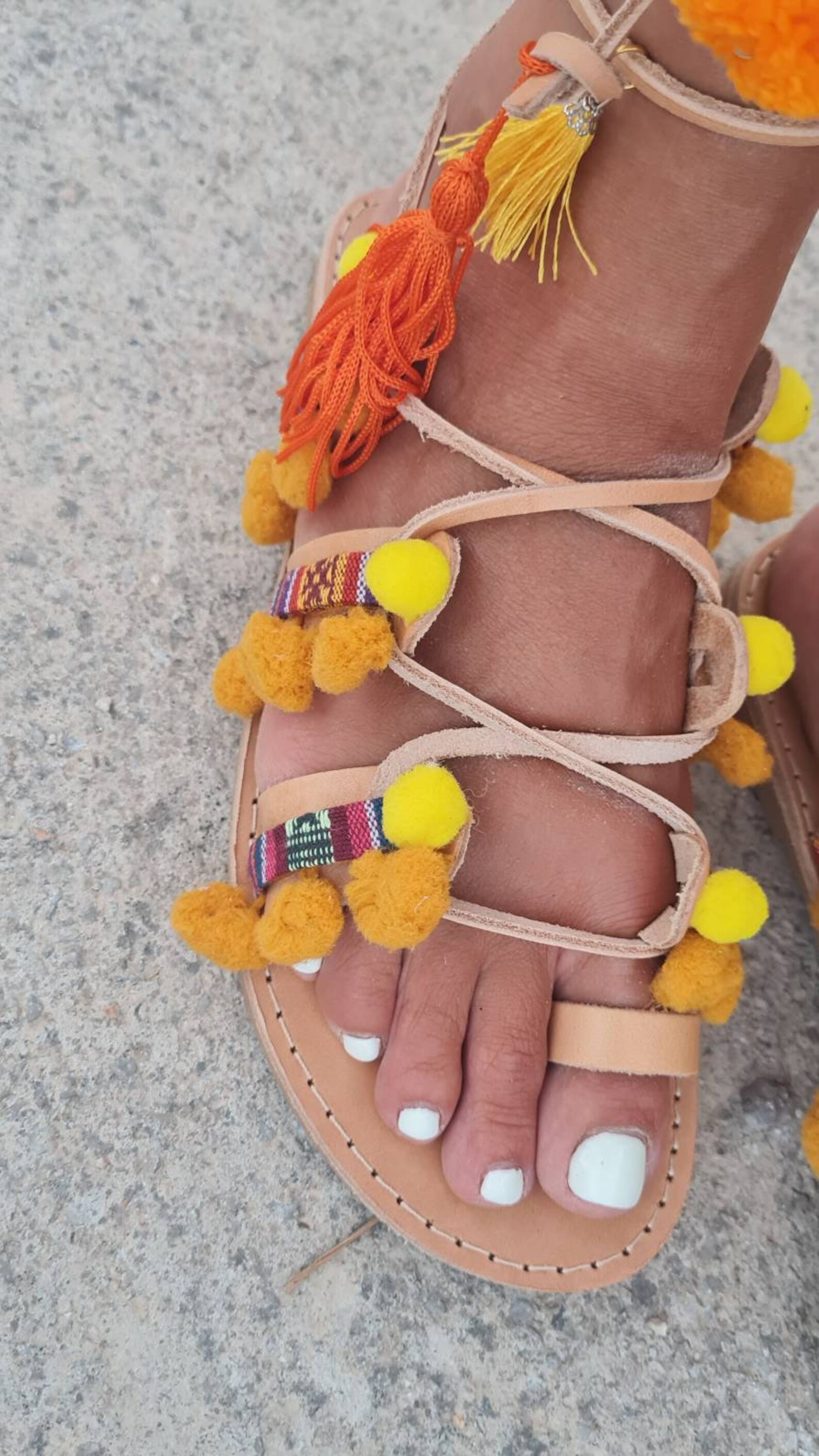 pom pom tie up sandals
