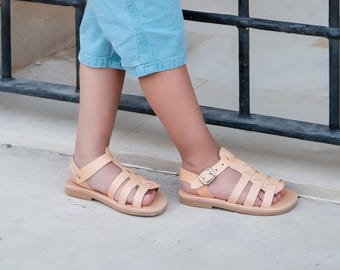 Handgefertigte Kinder-Ledersandalen, griechische Naturledersandalen für Jungen und Mädchen, hergestellt in Griechenland, Gummisohle