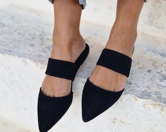 Suede leather mules, Women's shoes, Slippers, leather slides, Greek flats, Leather shoes in black and leopard color, black mules, soft suede