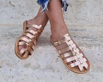 Sandalias de pescador de cuero griego hechas a mano: zapatos planos de verano para mujer