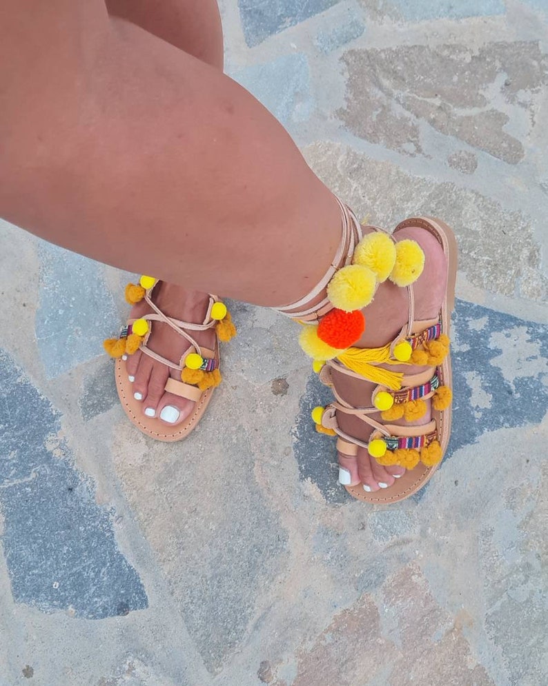 pom pom tie up sandals