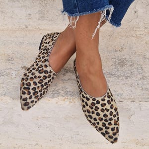 Leather mules shoes for women, handmade leopard leather loafers, black slippers, leather moccasins, slip on flats, pointy mules,ballet flats
