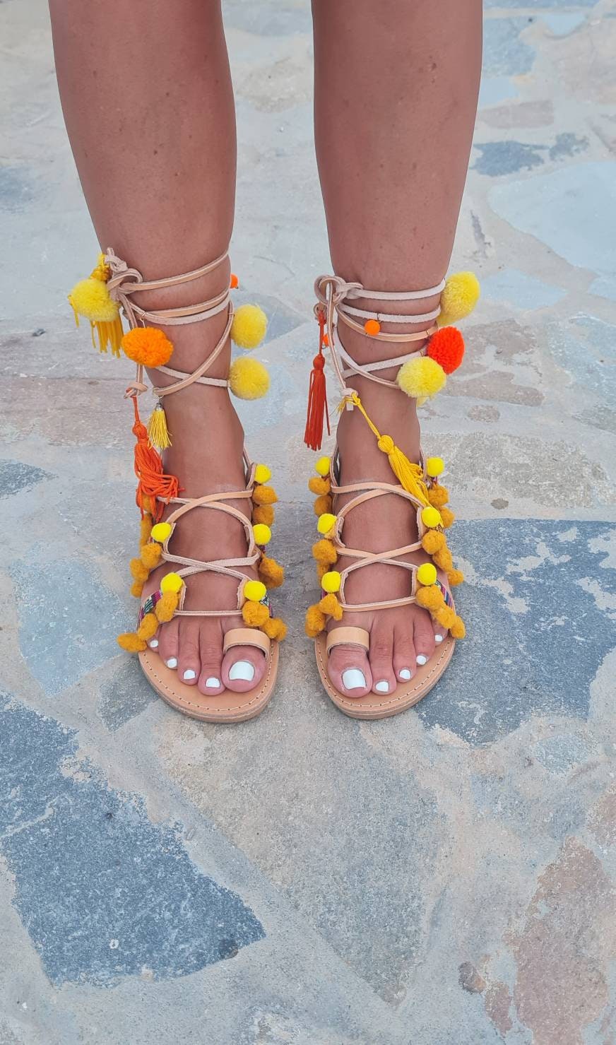 Pom Pom Greek Boho Tie up Sandals - Etsy