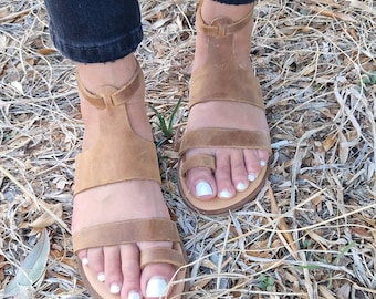 Handmade Waxed Leather Gladiator Sandals: Black Strappy Summer Flats