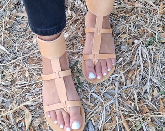 Handmade Leather Gladiator Sandals: Beige Greek Summer Flats