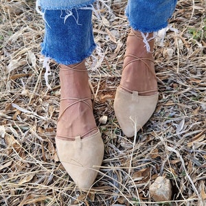 Handmade suede lace-up ballet flat with pointed toe featuring ankle wrap and textured sole, leather handmade leather shoes,Mother's day gift