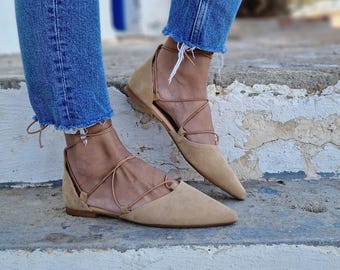 Lace-up ballet flat with pointed toe featuring ankle wrap and textured sole, handmade Greek shoes, women flats, gift for her, suede, sale