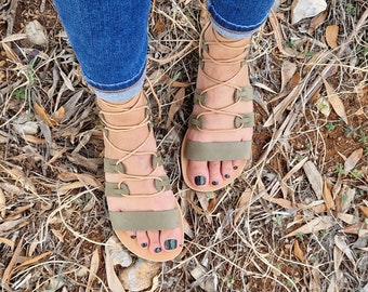 Handmade Green Leather Gladiator Sandals: Lace Up Summer Flats