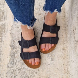 Handmade Grey suede leather two strap sandals, soft footbed,  anatomically shaped, metal buckle, leather sandals for women, walking shoes