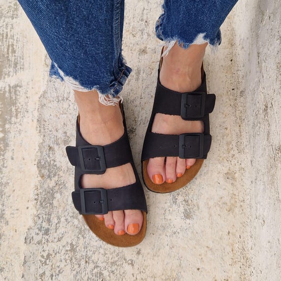 Handmade Grey Suede Leather Sandals: Anatomical Soft Footbed 