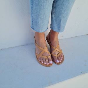 Women flat sandals, gladiator leather shoes, fisherman strappy buckled sandals for women, real leather shoes in beige and black, rubber sole