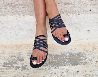 Handmade Black Greek Leather Sandals: Strappy Summer Flats