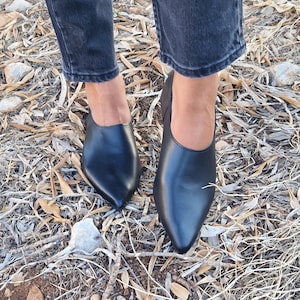 Pode incluir: Um par de sapatos pretos de couro de bico fino com salto baixo. Os sapatos s&atilde;o usados por uma pessoa em p&eacute; sobre um leito de folhas secas.