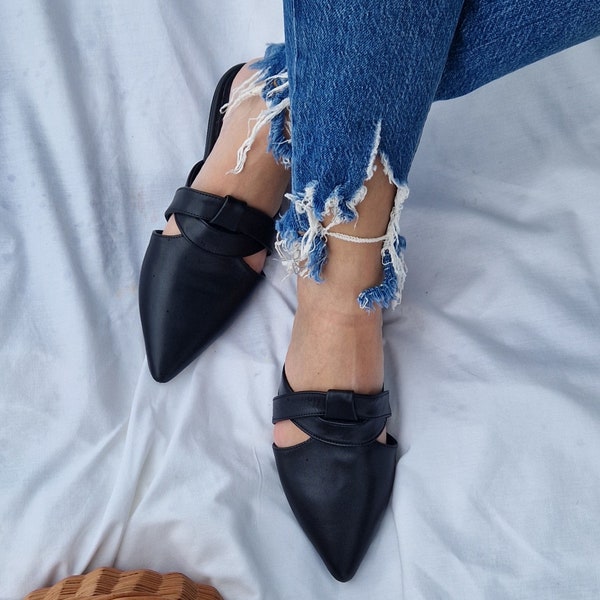 Leather mules shoes, women's mules, black leather loafers, black slippers, black leather mule shoes, slip on flats, pointy mules, pvc sole