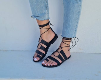 Black lace up Leather Sandals handmade, Tie up Sandals, Gladiator flats, Summer Shoes, Bridesmaid Gift, Wedding Gift,flat shoes, Beach shoes