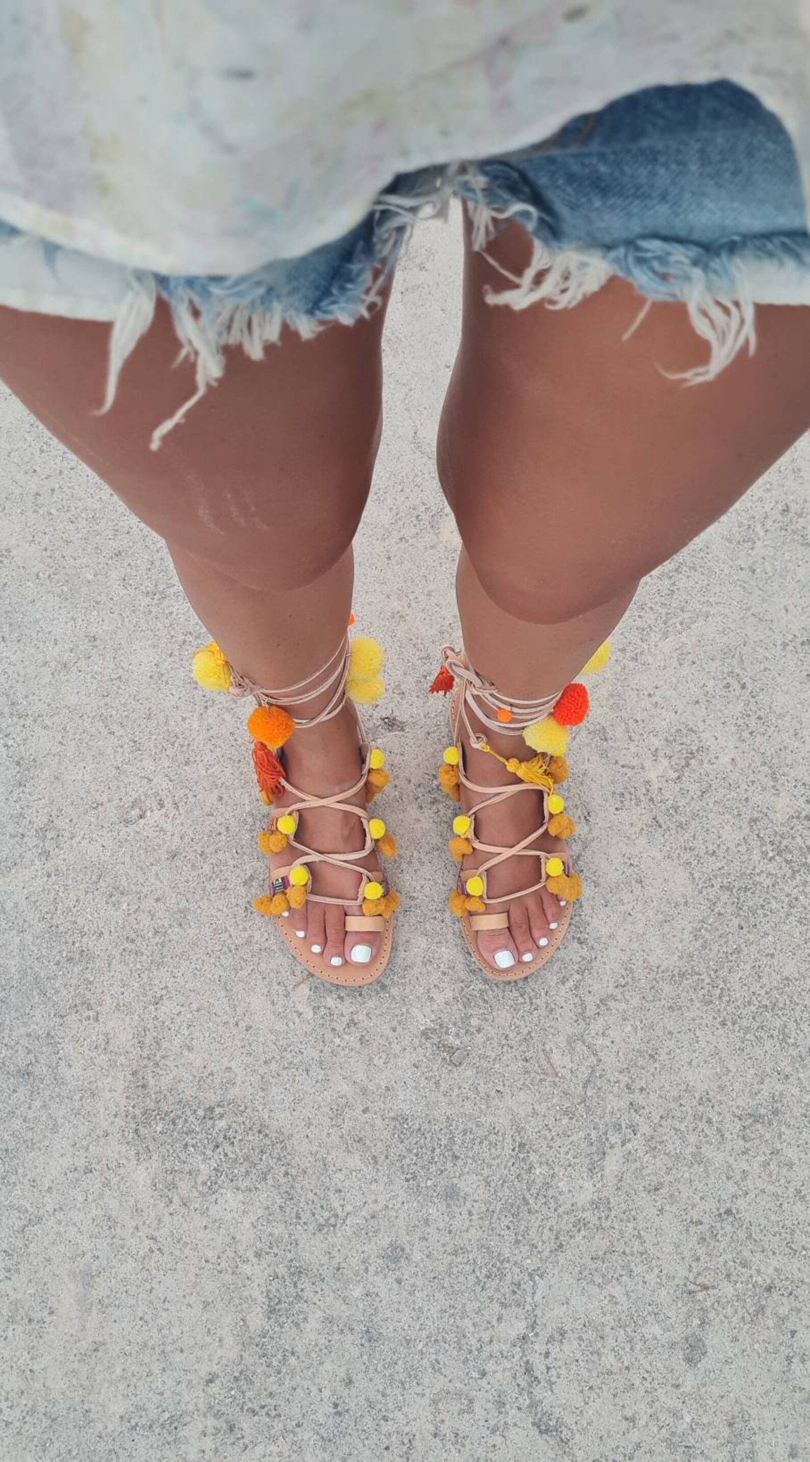 pom pom tie up sandals