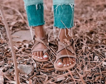 Handmade Brown Nubuck Leather Sandals, Women's Sandals, Gladiator Sandals, Summer Shoes, Suede flats, Greek roman flats, buckled sandals