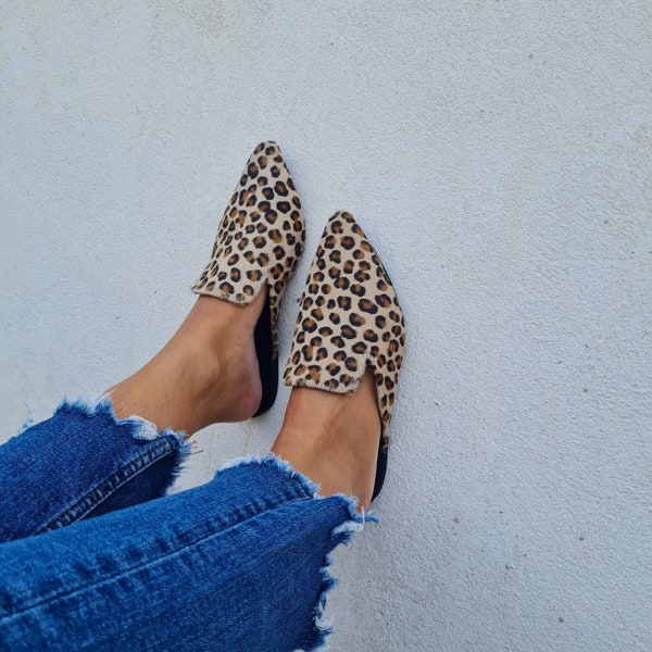 Leather leopard mules shoes, handmade women's mules, pony skin loafers, leopard slippers, slip on, pointy mules, pvc sole, soft footbed