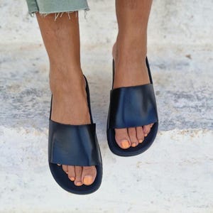 Handmade Leather black slides, Greek sandals, pvc sole, Greek Women Slide Sandals, Women sandals, Leather Sandals, suede flats, Slip on