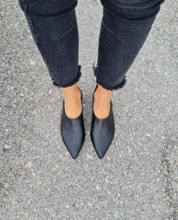 Leather Mules Shoes Women's Mules Black Leather Loafers 