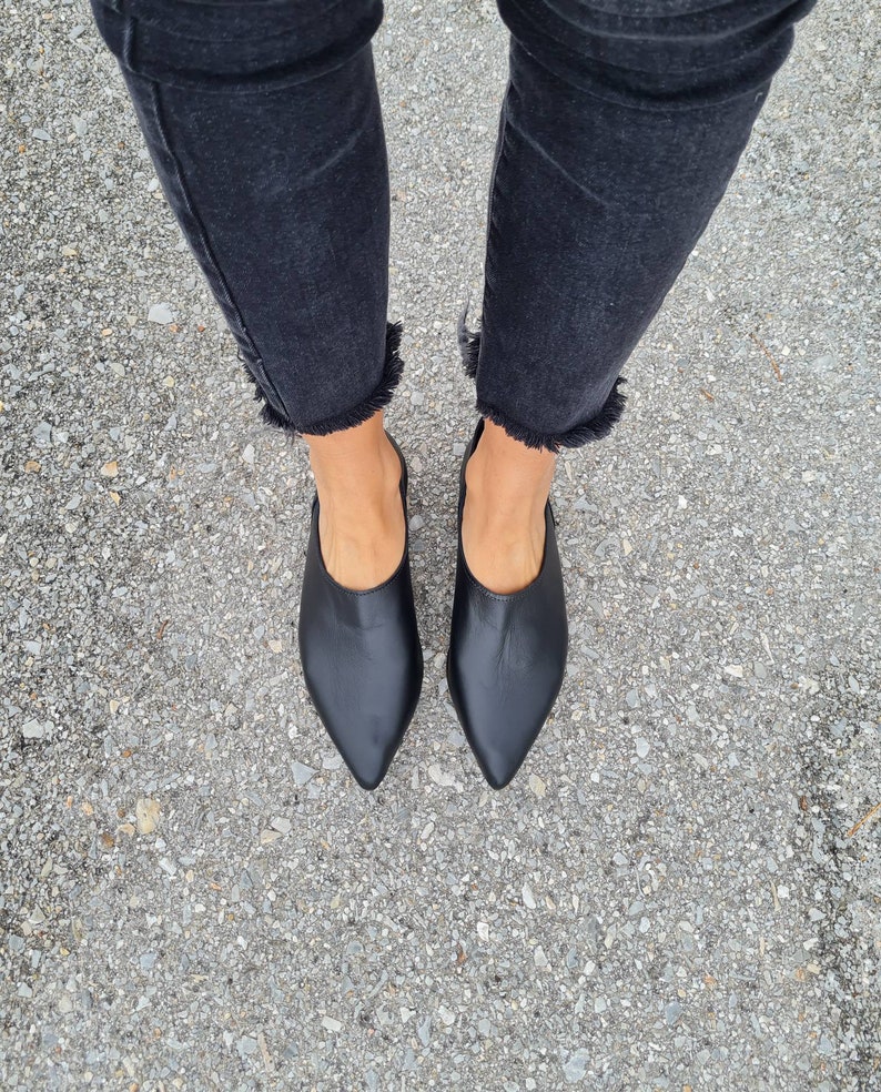 Leather mules shoes, women's mules, black leather loafers, black slippers, black leather moccasins, slip on flats, pointy mules, pvc sole image 1