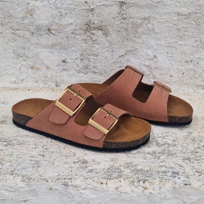 Handmade Terracotta Suede Sandals: Women's Double Strap Cork Slides image 5