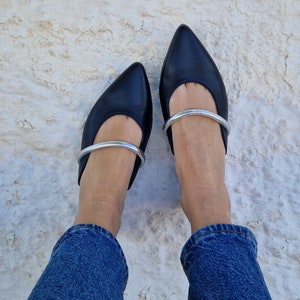 Handcrafted leather mules, Silver leather details, pointy women's mules, black leather slippers, Mother's day gift, pointy  slip on flats