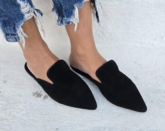 Mules shoes, Women's Leather Mules, Suede mules, Slippers, Leather Slides, Greek Flats, Leather shoes In black colour, soft suede mules