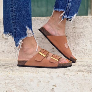 Handmade Terracotta Suede Sandals: Women's Double Strap Cork Slides image 3