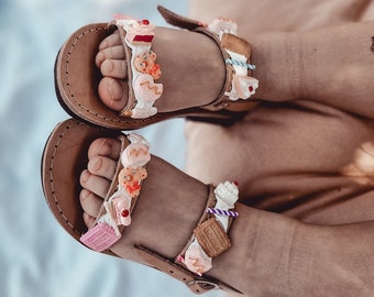 Handmade Leather Sandals for Kids, Candy Sandals, Greek decorated sandals, Summer Flats, Leather Sandals, Girls Sandals, Colorful decoration