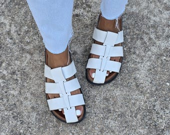 Handmade White Leather Fisherman Sandals: Summer Walking Flats