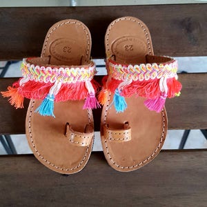 Greek sandals, pom pom sandals, leather handmade sandals, girls sandals, boho sandals, made in greece, kids shoes, children baby sandals